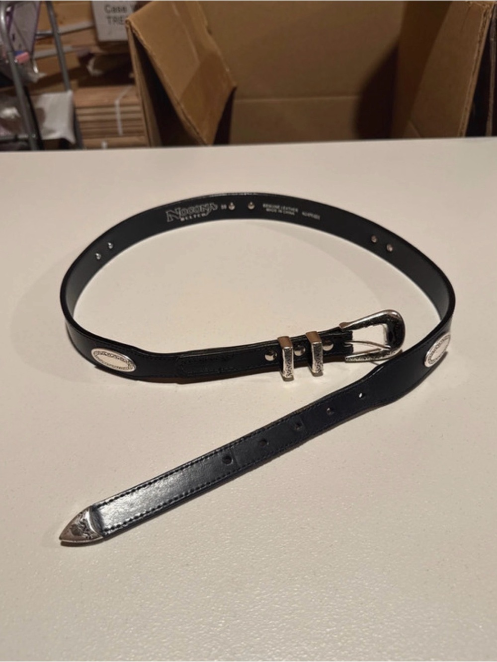 Slim Black Leather Belt with Silver Accents